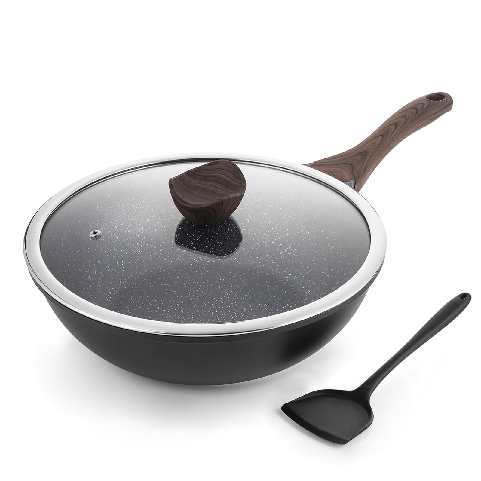 Kordisen Nonstick Wok with Lid, 12 Inch Woks & Stir-fry Pans, Granite Stone Coating for Cooking, Induction Cookware, Compatible 