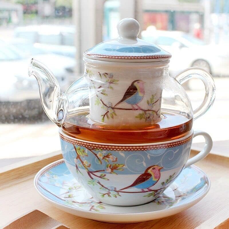 Ybk Tech Tea For One Set, Glass Teapot With Porcelain Infuser Strainer And Cup & Saucer- Happy Bird Pattern (Blue)