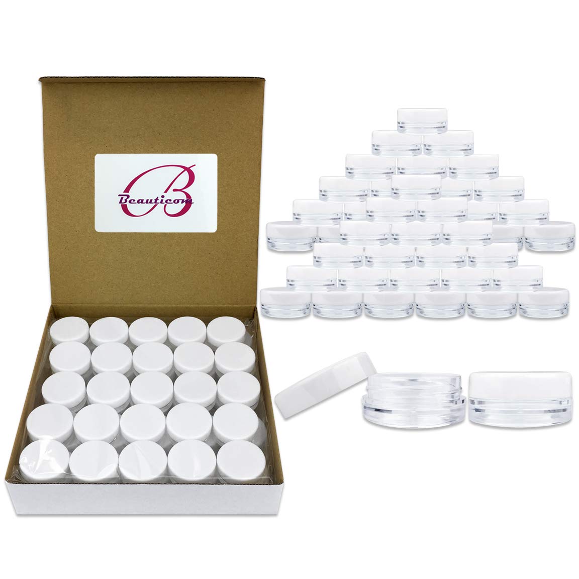 Beauticom (100 Pieces Jars + Lid) 3G/3Ml Round Clear Jars With White Screw Cap Lids For Scrubs, Oils, Toner, Salves, Creams, Lot