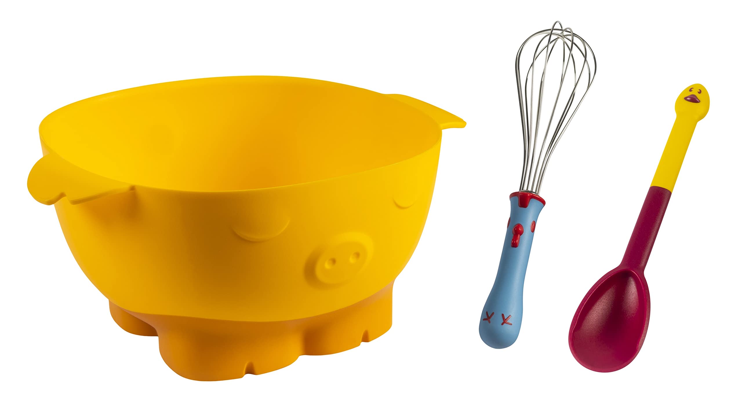 Kuhn Rikon Kinderkitchen Kids Mixing Set | Pig Mixing Bowl, Rooster Whisk & Goose Stirring Spoon | Child-Friendly Kitchen Tools