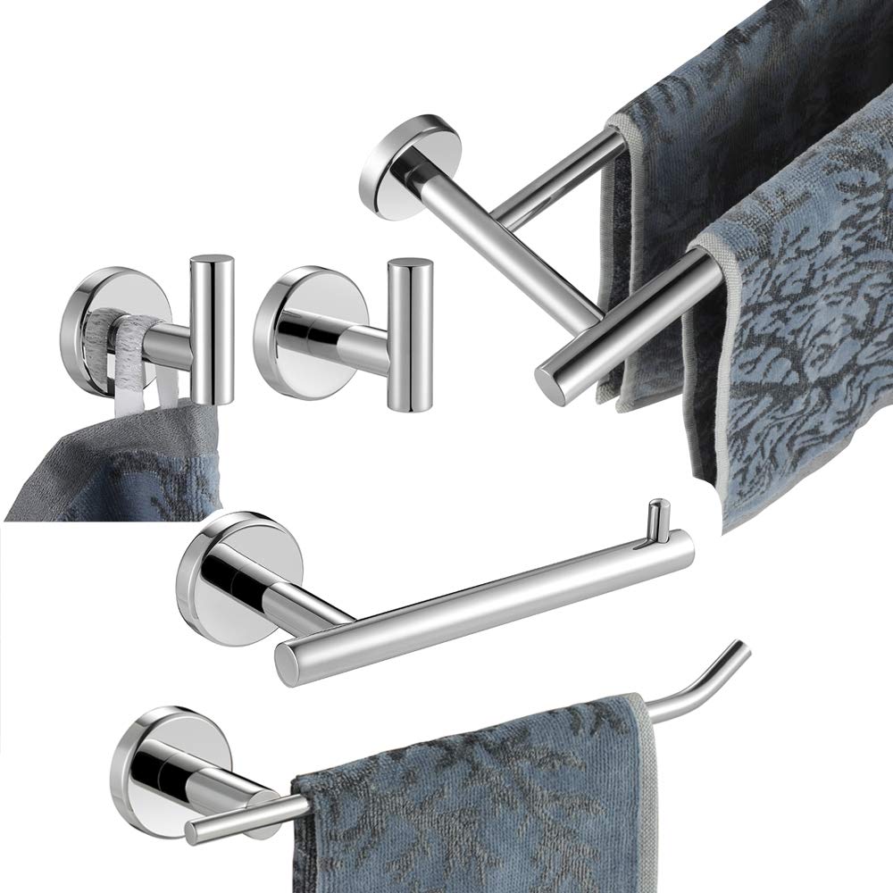 JQK Bathroom Hardware Towel Bar Set  5-Piece Bath Accessories Set Polished Chrome Wall Mount Includes 24 in Towel Bar  9 in HT Bar  TP Holder  Towel Hook x 2  BAS105-CH