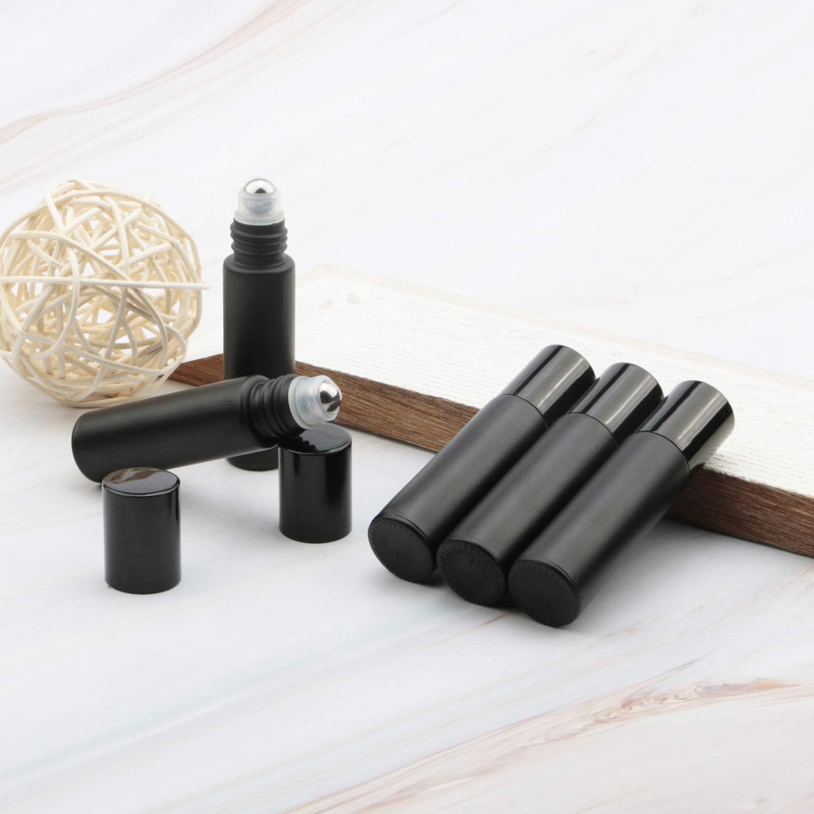 Kesell Glass Roller On Bottle, 10Ml Refillable Essential Oil Bottle With Stianless Steel Ball, Pack Of 10 (Black)