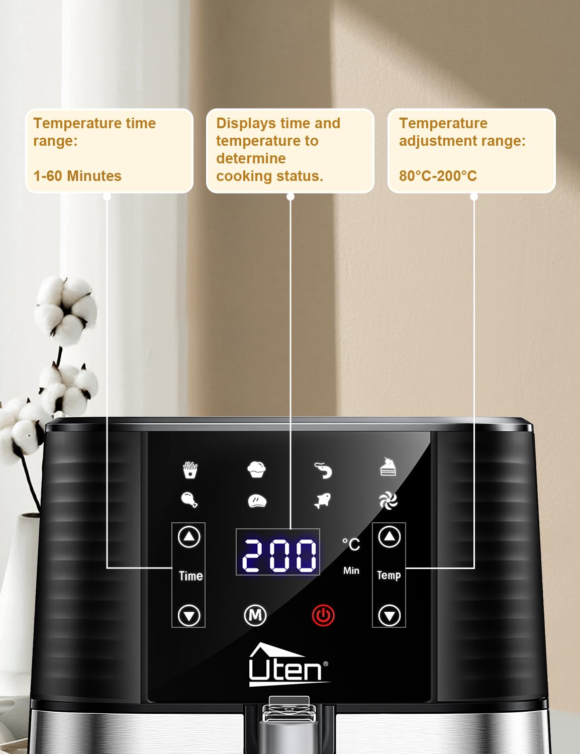 5.5L Air Fryer, Electric Oilless Cooker With Led Digital Touchscreen, 7 In 1 Uten Hot Oven Cooker, 6 Quart Large Stainless Steel