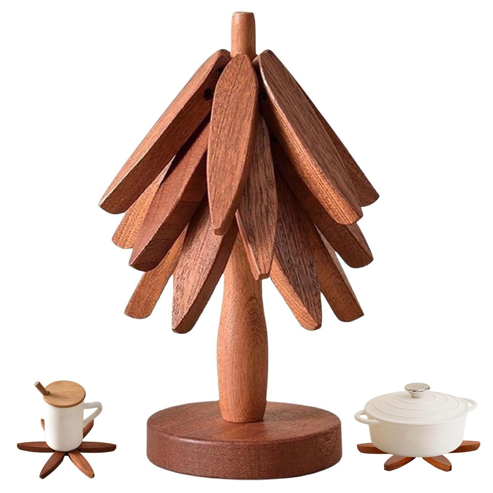 JILITSE Wooden Tree Trivets for Hot Dishes - Set of 3 with Stand, Natural Foldable Kitchen Trivets for Pots, Pans, Bowls & Teapo