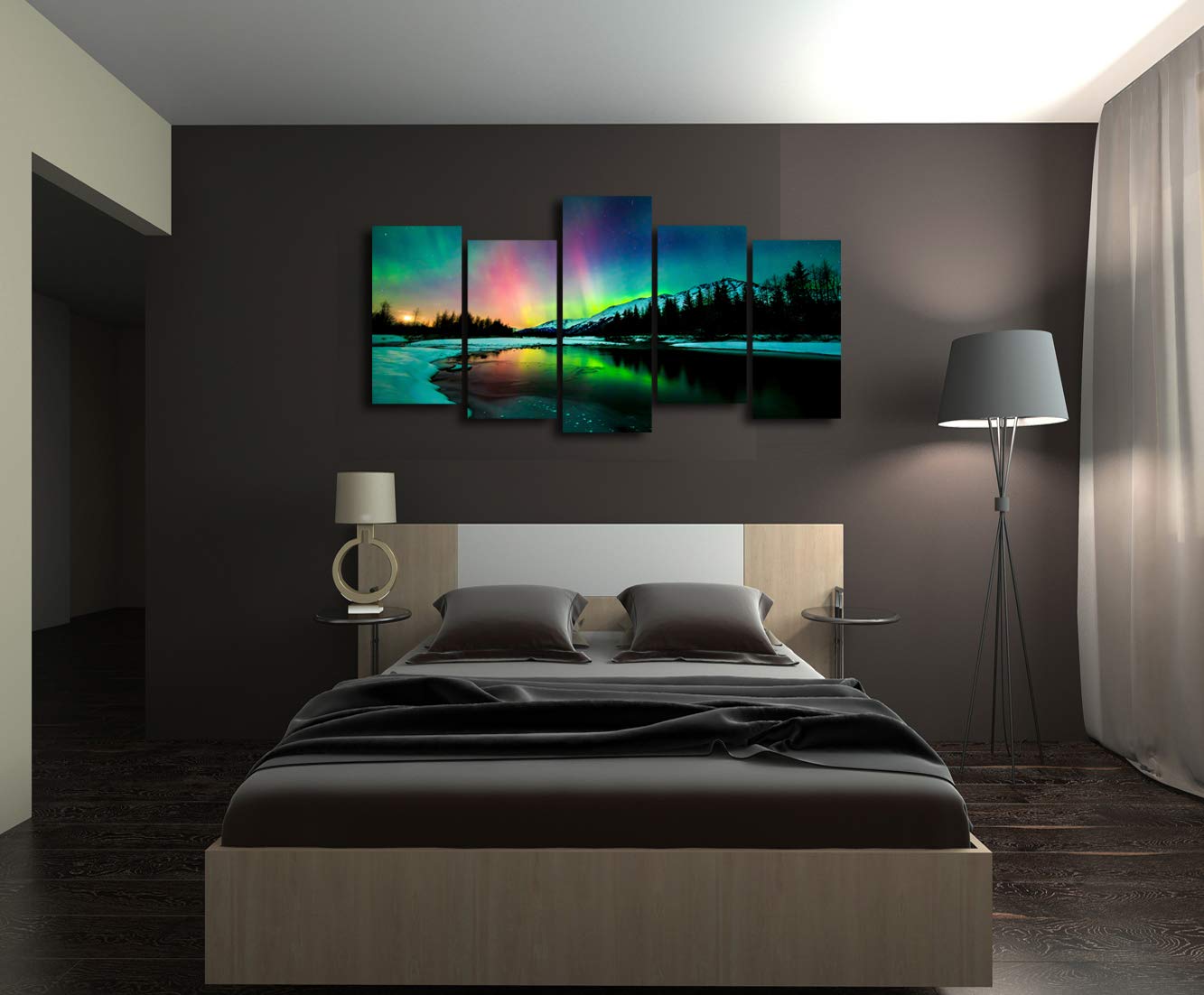 S01927 5 Pieces Wall Art Aurora Scenery Painting On Canvas Stretched And Framed Canvas Paintings Ready To Hang For Home Decorati