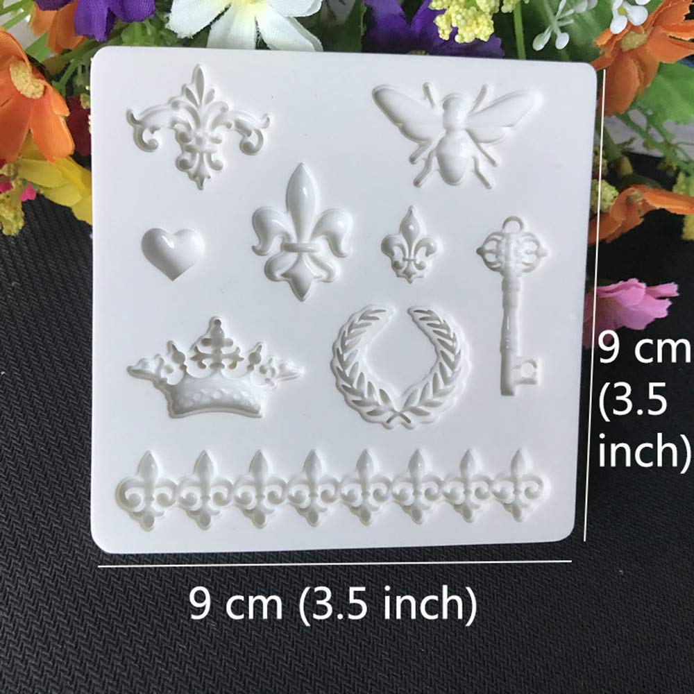 Jurxy 2Pcs Silicone Fondant Cake Decorating Mold For Chocolate, Baking, Sugar Craft, Polymer Clay, Soap, Cupcake - Bee Crown Key