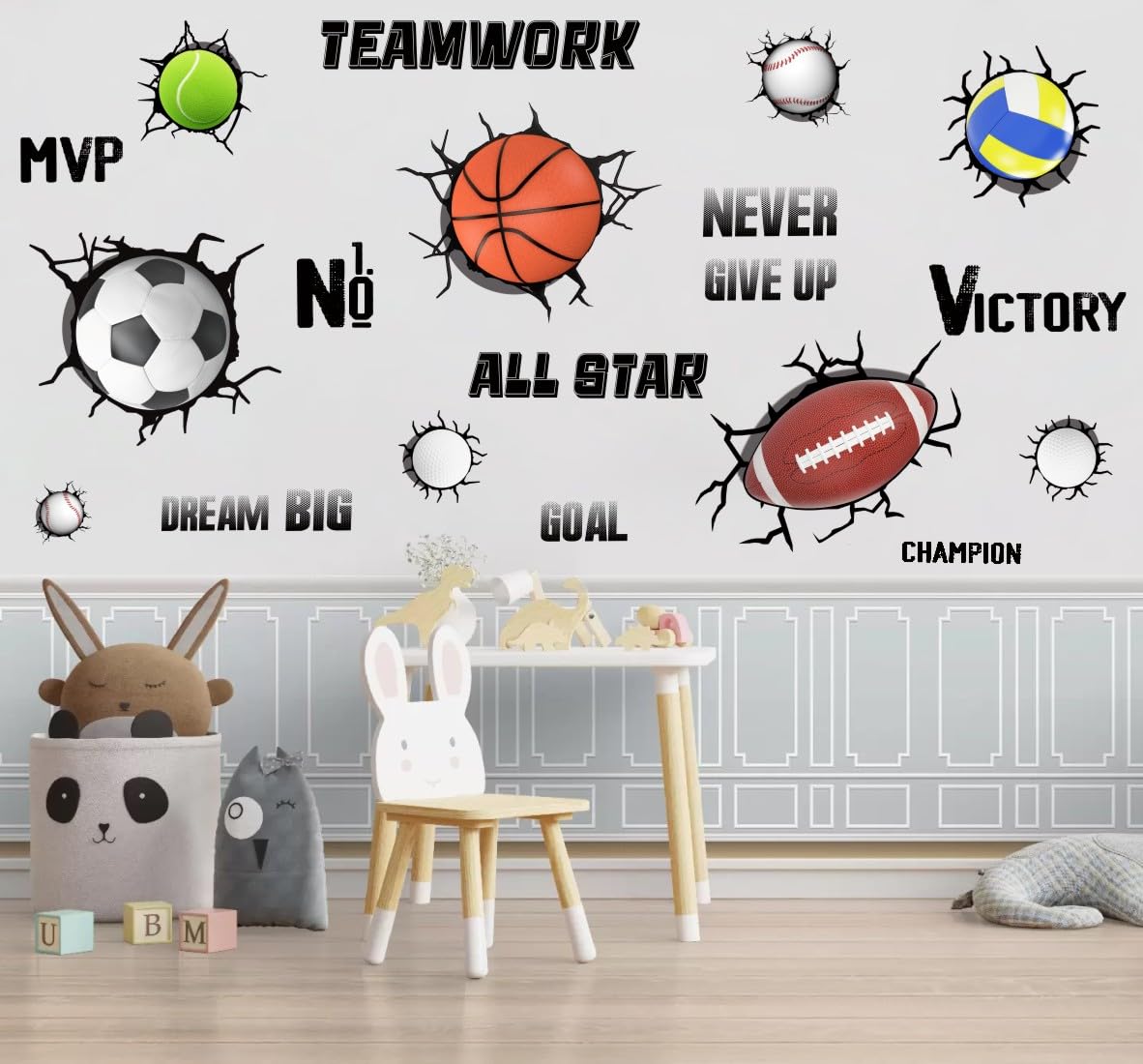 Yimehdan 3D Sport Balls Wall Decals, Football, Volleyball, Rugby, Basketball, Tennis Vinyl Wall Stickers, Removable Sports Break