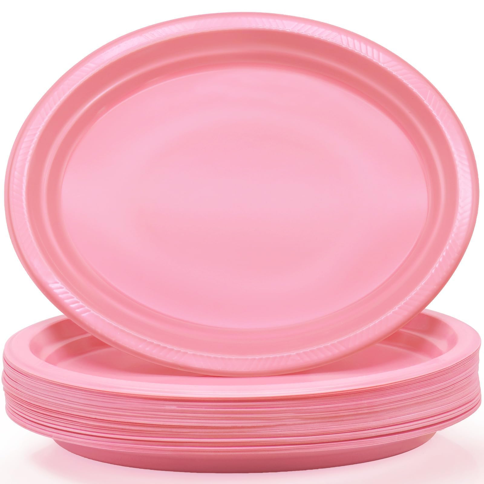Bonsiny 50 Count Pink Plastic Plates Disposiable 10'' X 12'' Oval Pink Plates For Girls Baby Bridal Shower Birthday Valentine'S