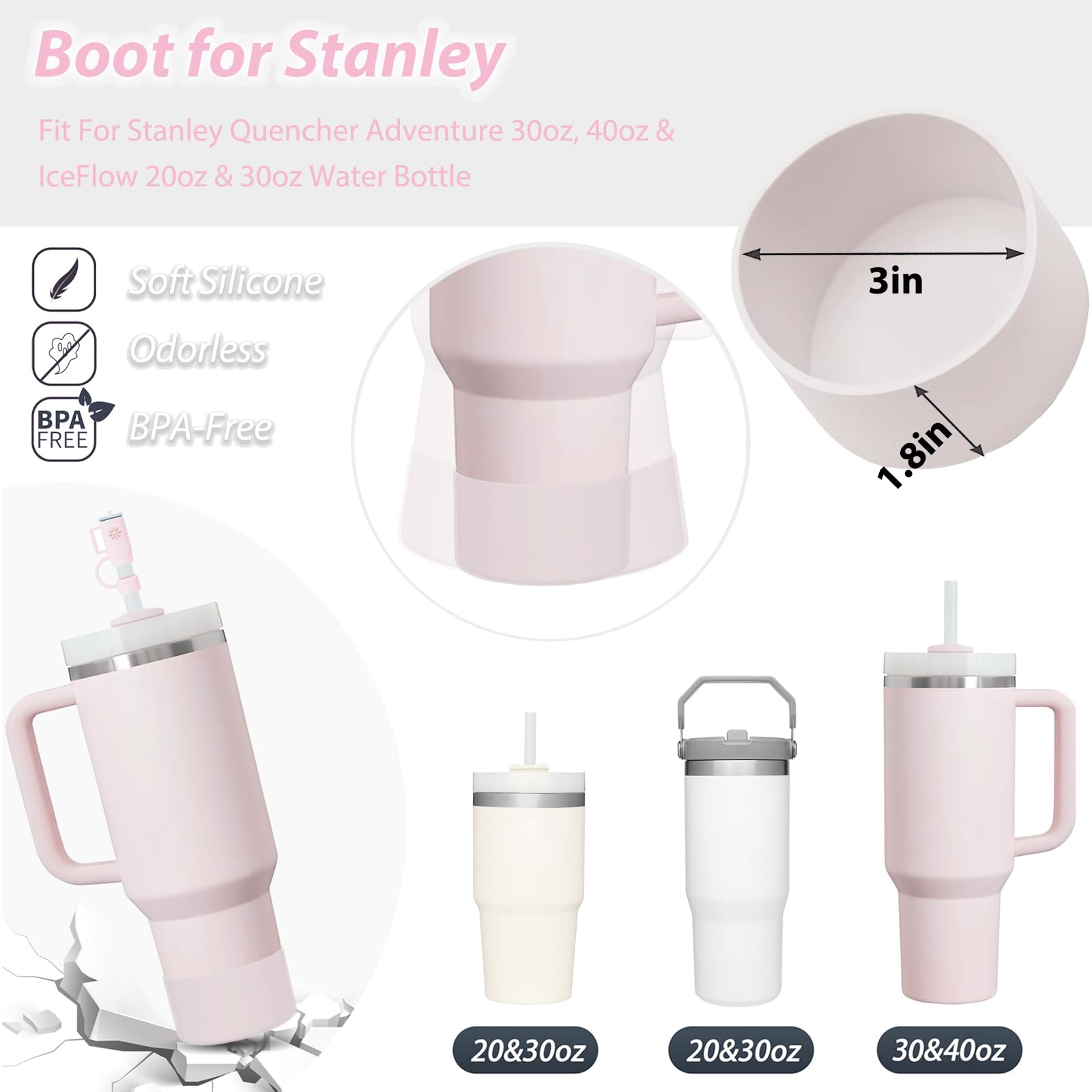BonneChance Stanley Cup Accessories Set - 6 Silicone Stoppers & 2 Straw Covers, 40oz & 30oz, Rose Quartz, Model HYB-123