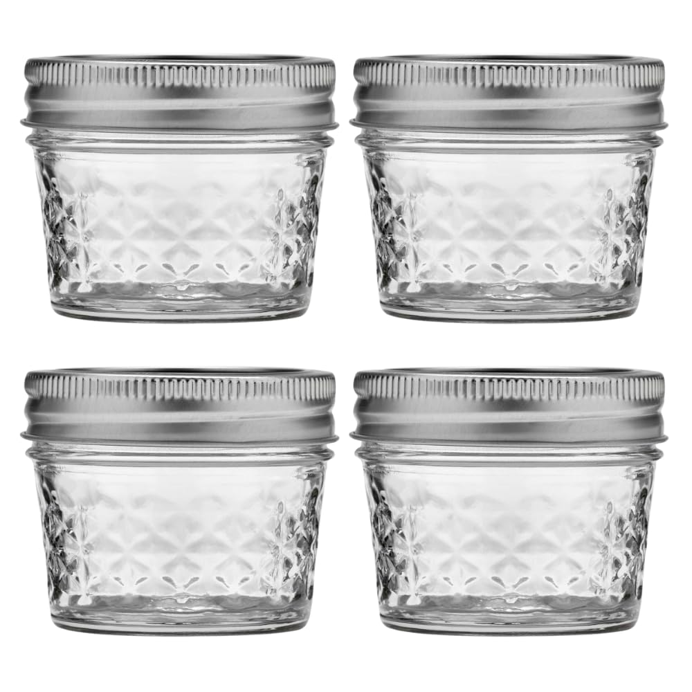 Includes 4 Jars of 4 Ounce size with standard Regular Mouth lids