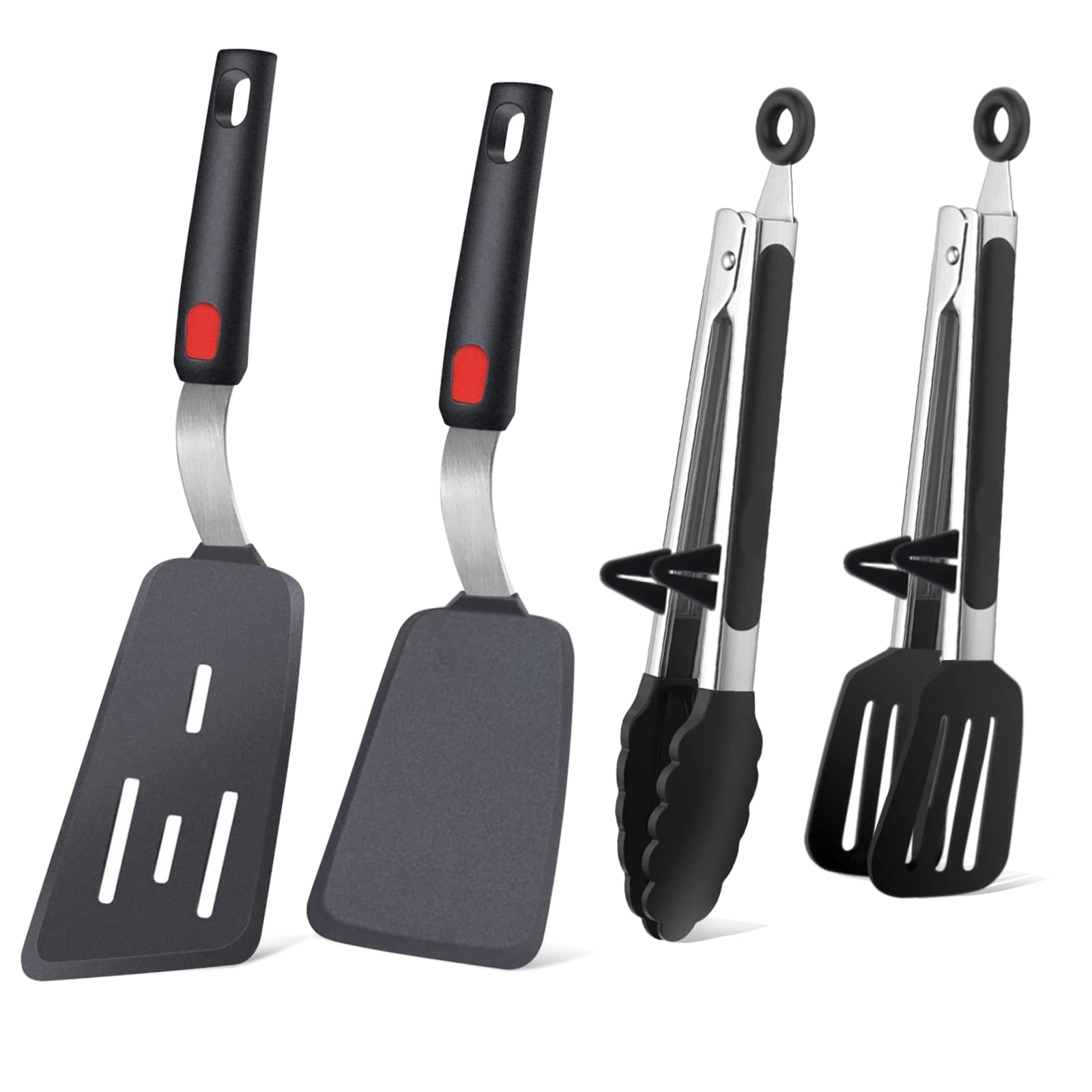4Pcs Flexible Silicone Spatula Turner Set And Kitchen Food Tongs With Silicone Tips, 600F Heat Resistant, Ideal For Flipping Egg