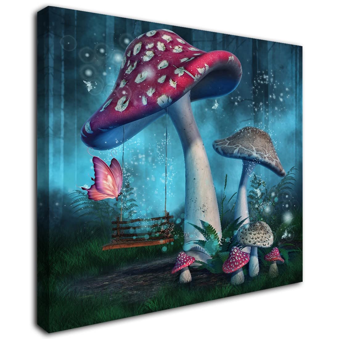 Magical Forest Wall Art Fantasy Mushroom Wall Decor Nature Landscape Plant Picture Butterflies Canvas Print Nursery Decor Fairyt