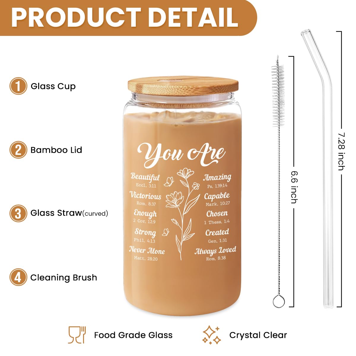 Christian Gifts for Women - Inspirational 16 Oz Can Glass Coffee Cup with Bamboo Lid & Straw - Religious Motivational Catholic G