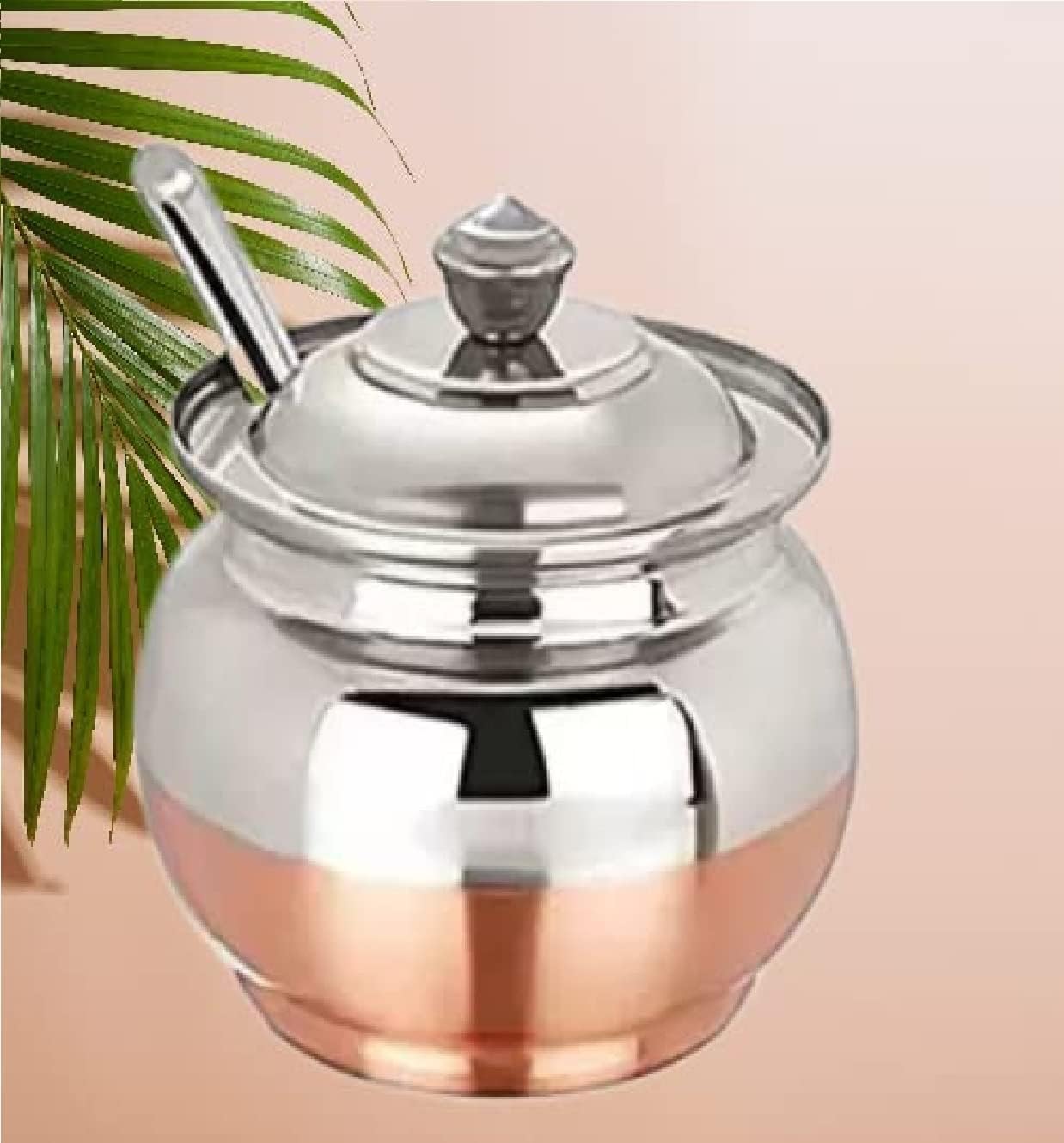 Ksjone Copper Coated Stainless Steel Ghee Pot With Spoon | Ghee Container For Kitchen | Premium Oil Container With Lid For Pooja