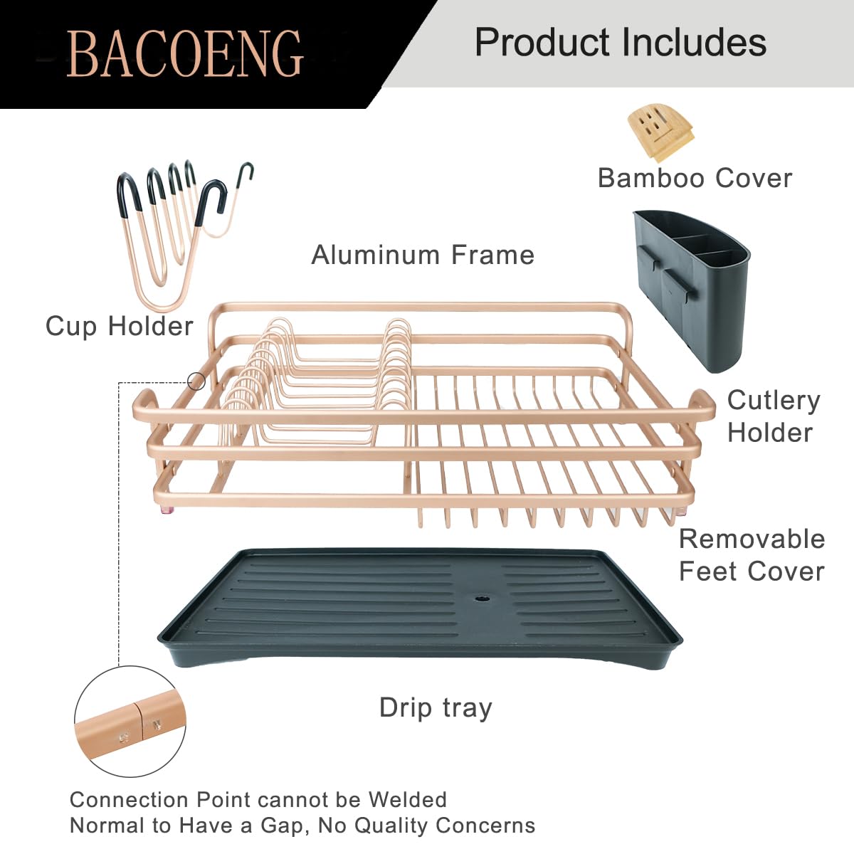 Bacoeng Aluminum Dish Drying Rack,Never Rust Dish Rack With Removable Cutlery Holder & Cup Holder, 360 Swivel Spout Drain Board,