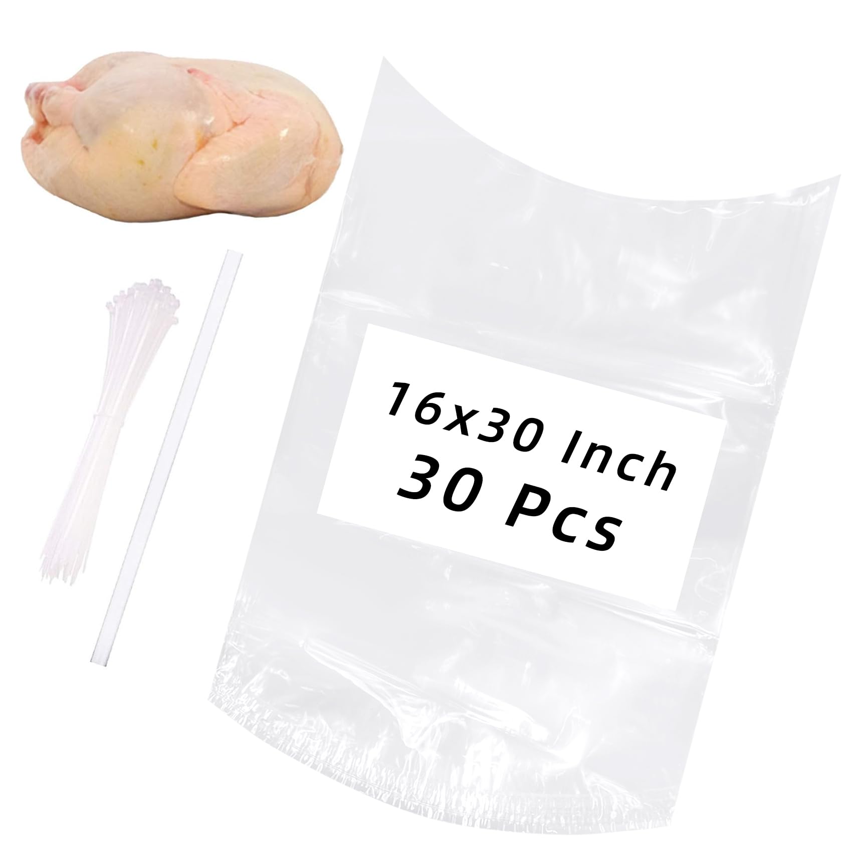 Large Turkey Shrink Bags,30 Pcs 16x30 Inches Clear Poultry Heat Shrink Bags Freezer with Zip Ties, Silicone Straw for Turkey,Chi