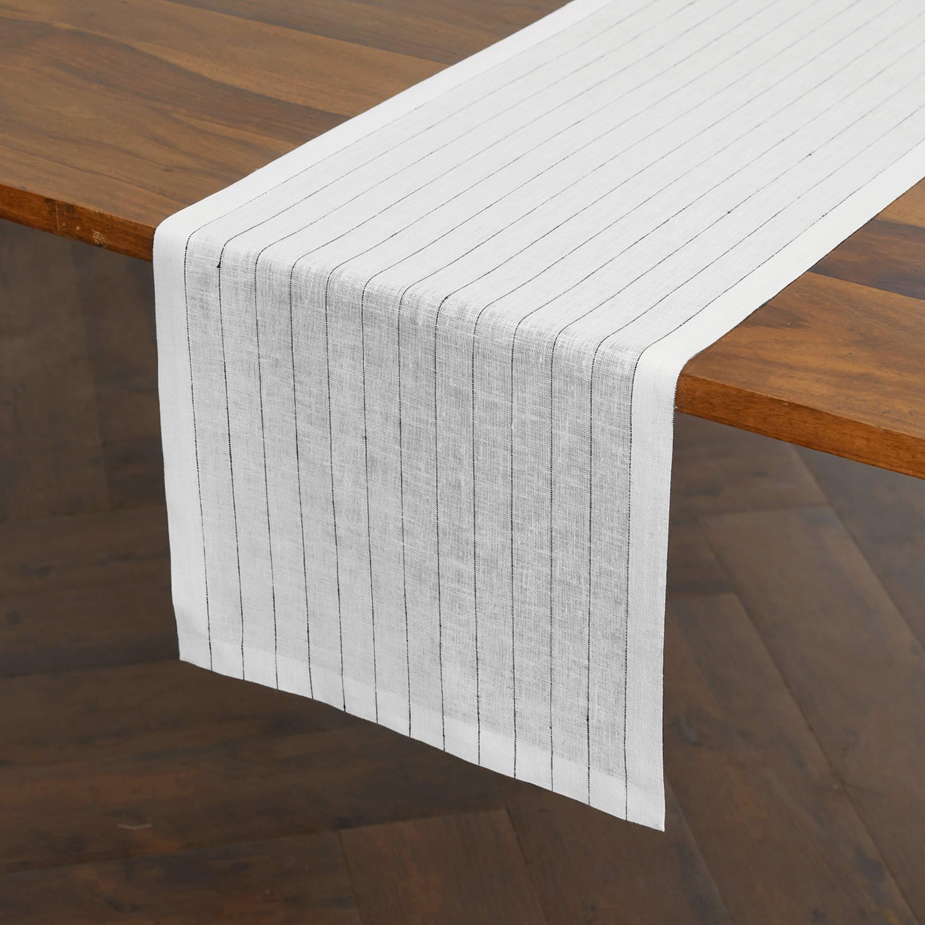 Solino Home Pinstripe Linen Table Runner 108 Inches Long - 100% Pure Linen White And Black Table Runner 14 X 108 Inch - Machine