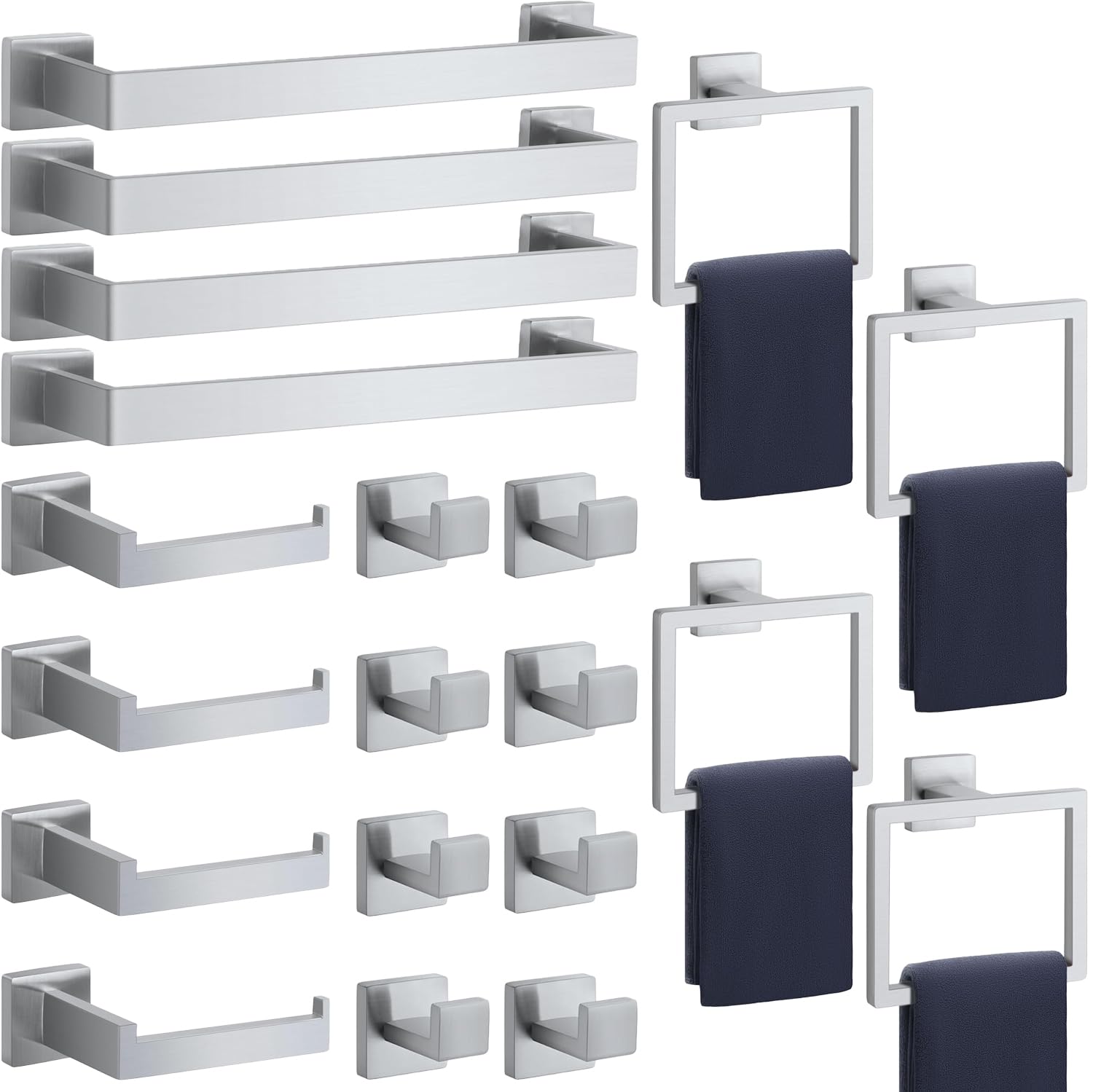Bathroom Accessories Towel Bar Set: 20 Pieces Brushed Nickel Square Bathroom Hardware SUS304 Stainless Steel - Wall Mounted Towe