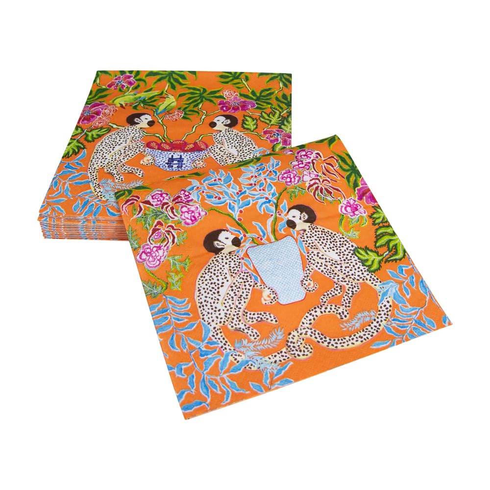 Caspari Monkeys Paper Luncheon Napkins in Orange - Two Packs of 20
