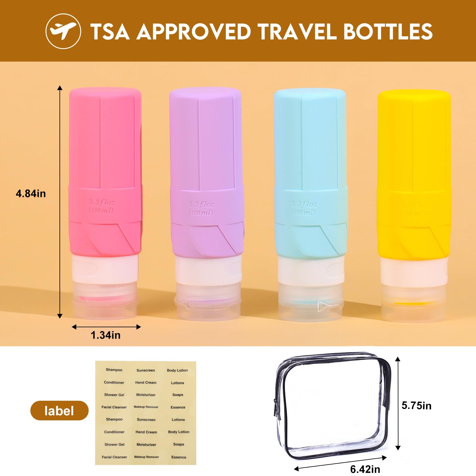 Fadvan Travel Bottles For Toiletries, 3.3Oz Tsa Approved Travel Size Containers, Bpa Free Leak Proof Silicone Travel Bottles, Re