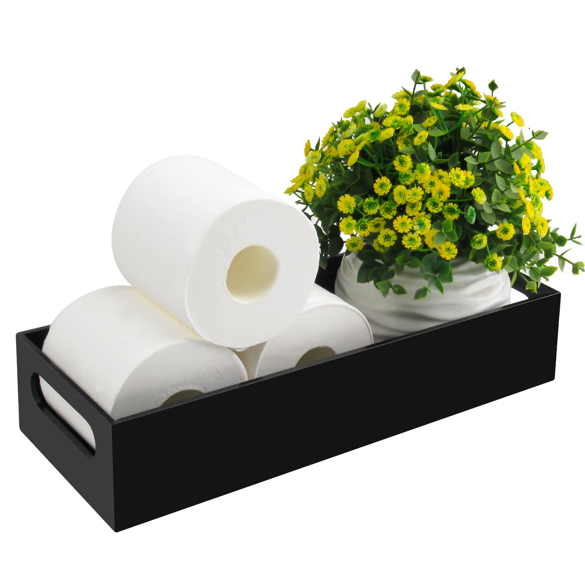 Tasybox Toilet Paper Holder With Storage, Acrylic Toilet Tank Tray, Black Bathroom Trays With Handles Vanity Tray For Home Decor
