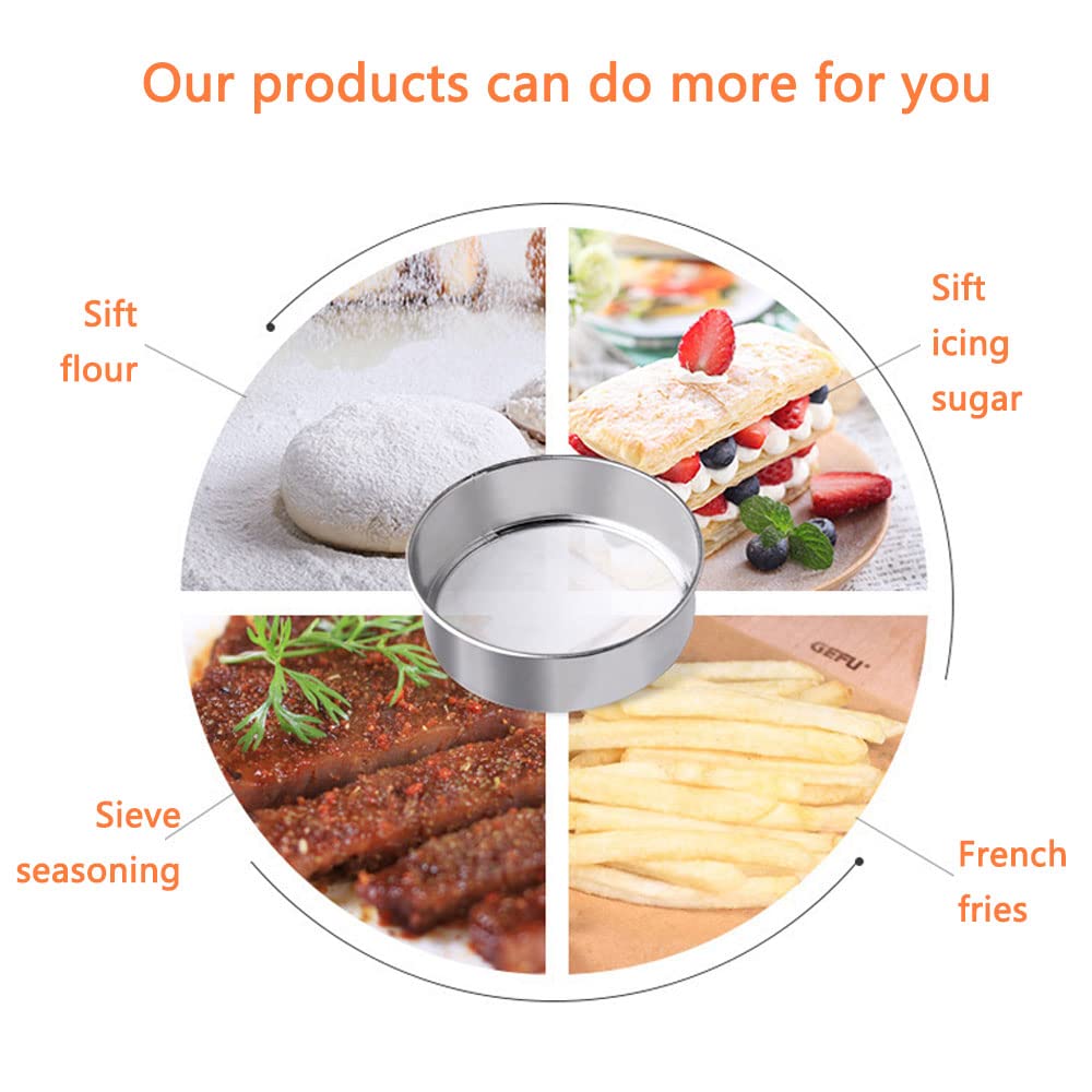 Qudume 3 Pack Round Flour Sifter, Stainless Steel Fine Mesh Strainers Flour Sieve, 6 Inch And 8 Inch 40 Mesh 10 Inch 60 Mesh For
