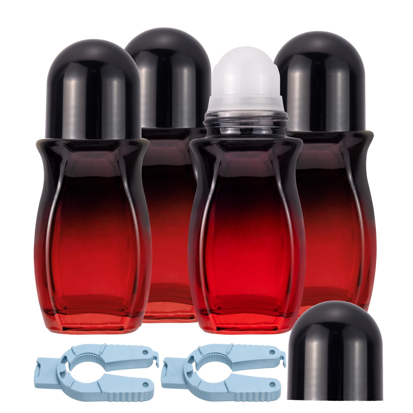 Ellbest 4Pcs Rollerball Bottles Set 50ml Gradient Red Glass Deodorant Roller Bottle with Plastic Roller Ball and 2Pcs Opener Per