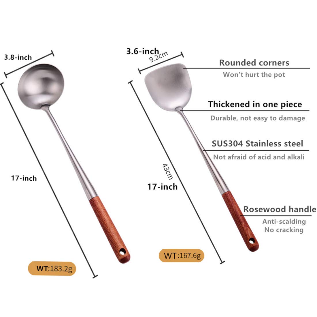17 Inch Chef Grade Sus304 Stainless Steel Specialty Chinese Wok Utensil Set,Spatula And Ladle With Wooden Handle & Hanging Hole(