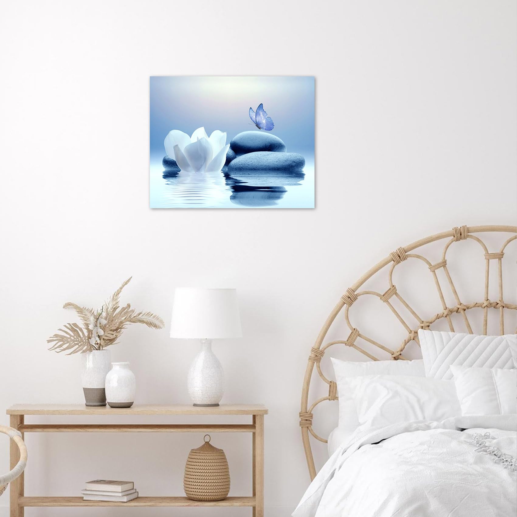 Eobtain Zen White Flower Canvas Wall Art Floral And Blue Butterfly On Stone Modern Framed Picture Yoga Spa Spiritual Painting Ar