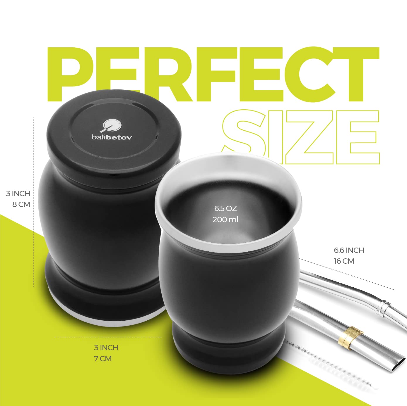 Balibetov Mate Cup And Bombilla Set - Yerba Mate Set Includes One Yerba Mate Cup, Two Bombilla Mate (Straw) And Brush - Stainles