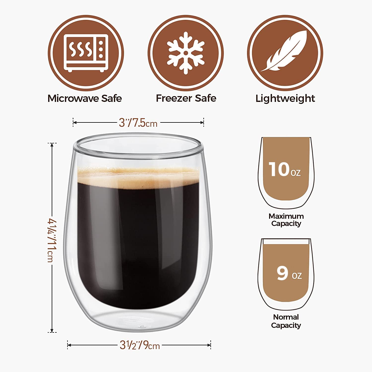 Comsaf Double Walled Glass Coffee Mugs(11 Oz/320Ml), Thermo Insulated Borosilicate Glasses For Coffee Tea Juice Latte Cappuccino