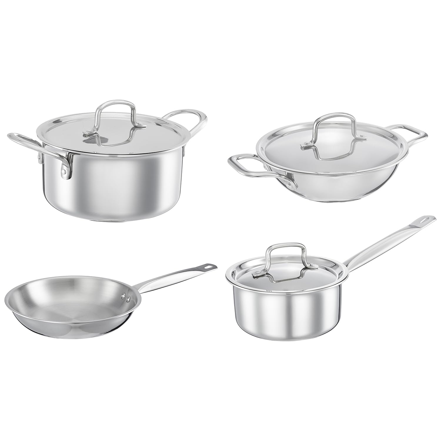 Amazon Brand - Solimo 4Pcs Triply Cookware Set | Deep Kadhai 20Cm, Frypan 22 Cm, Sauce Pan 16Cm, Casserole 20 Cm | With Steel Li
