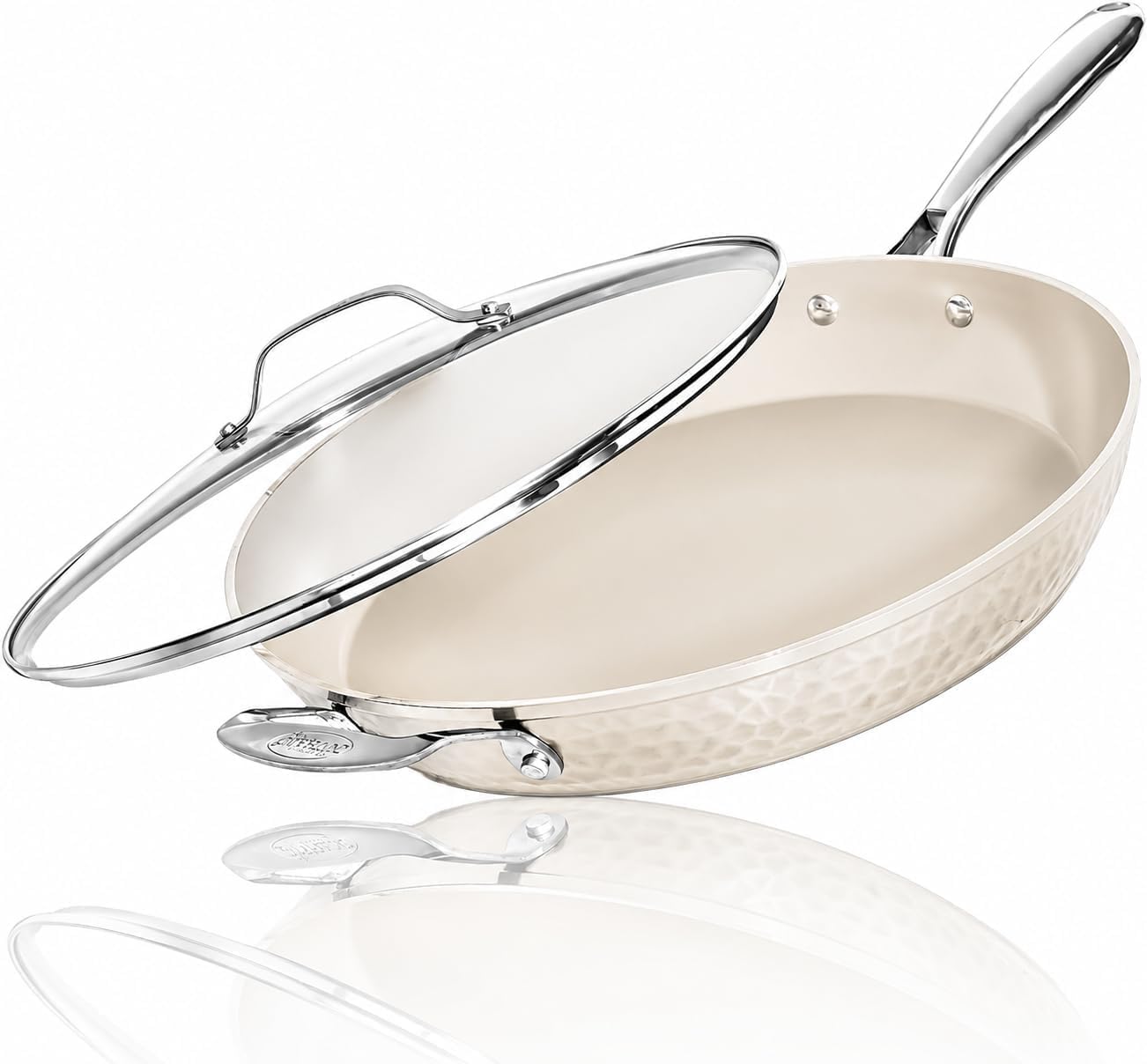 GOTHAM STEEL Hammered 14 Inch Large Nonstick Frying Pan with Lid, Cream