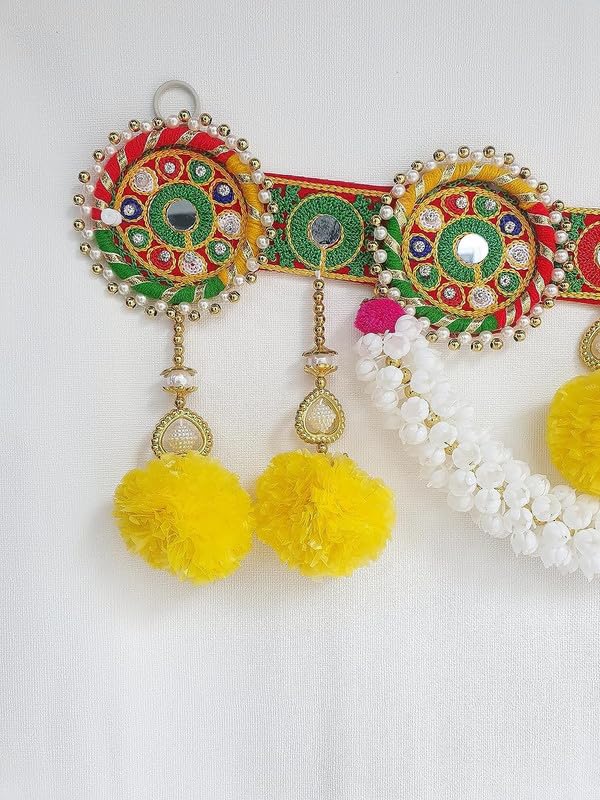 Divyakosh Toran/Bandanwar for Home Decoration and Office, Round Embroidery Work and Pom Pom Mogra Flower Toran Traditional Decor