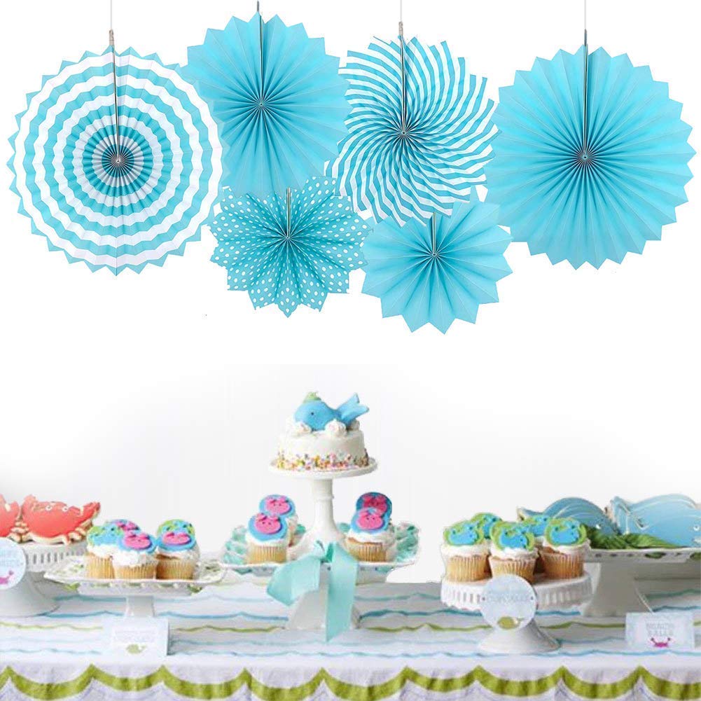 Sage Square Paper Fan Party Decoration Set, Plain and Printed for Baby Shower, Photo Booth, Wedding, Birthday Party. (Polka Blue
