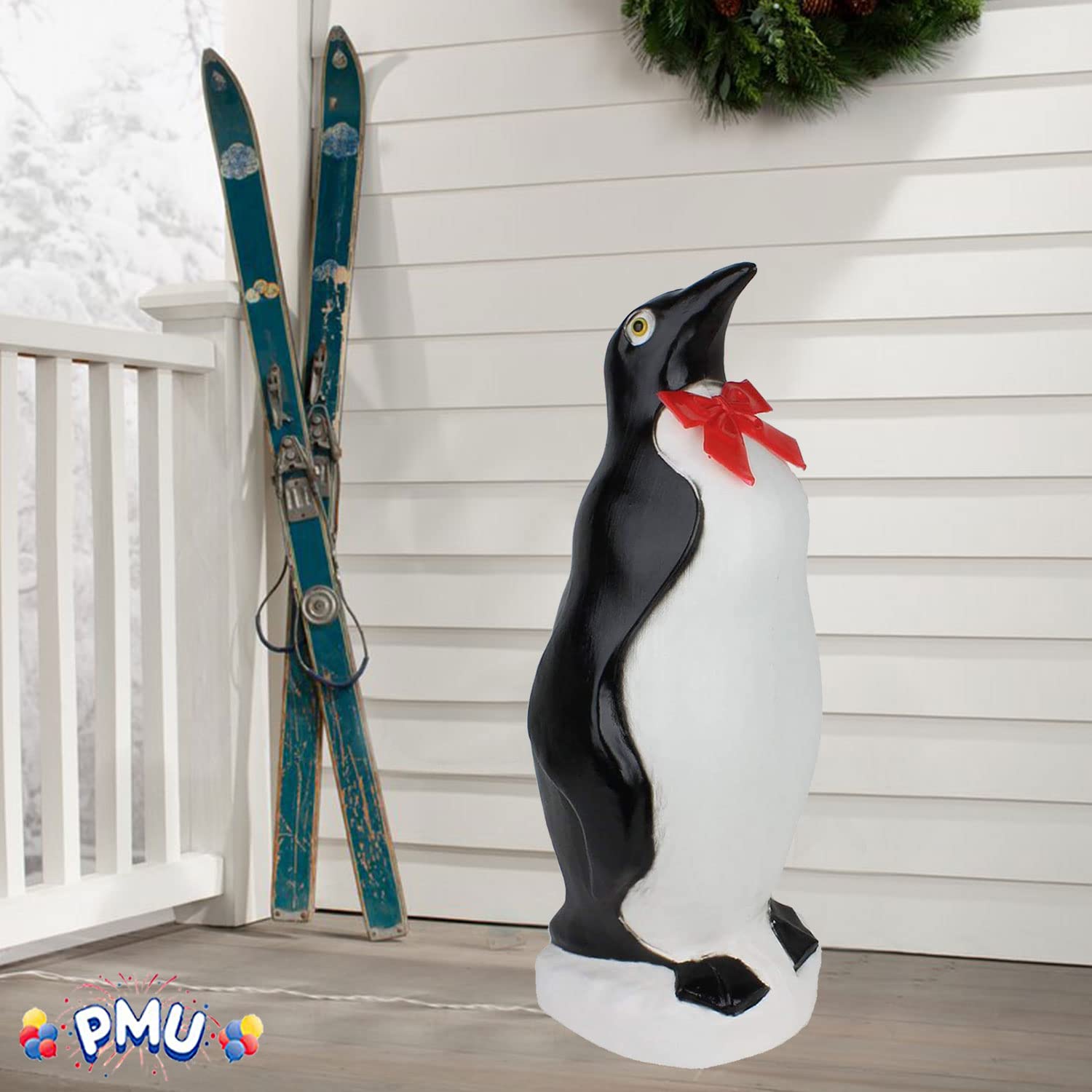 PMU Christmas Light Up Penguin with Bow - Blow Mold Plastic Statue Illuminated with 6  Cord and Light-Perfect Night D  cor for C
