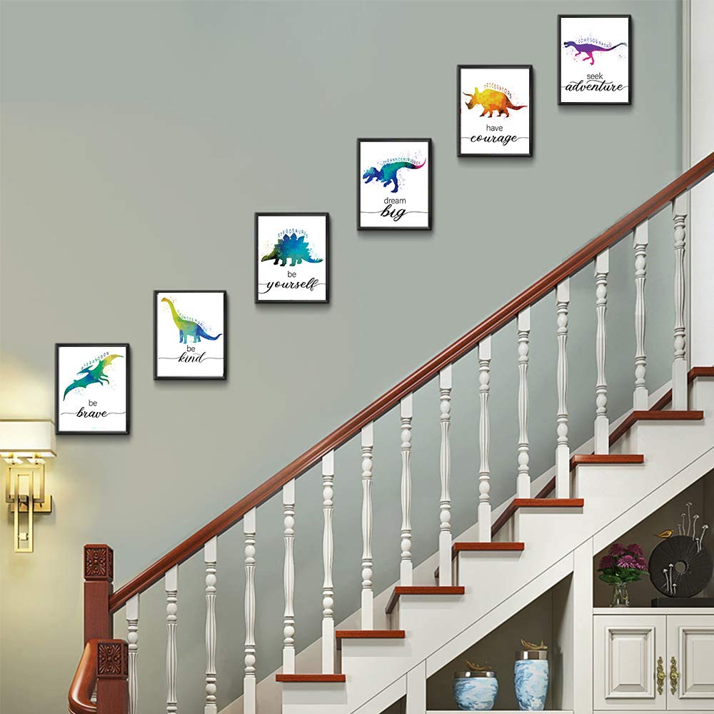 SUUURA-OO Dinosaur Bedroom Cool Watercolor Inspirational Words Woodland Art Prints Set of 6 (8X10)  lovely Roar Name Word Wall Art Poster for Nursery  Boys  Son  Kids Room Home Decor  No Frame