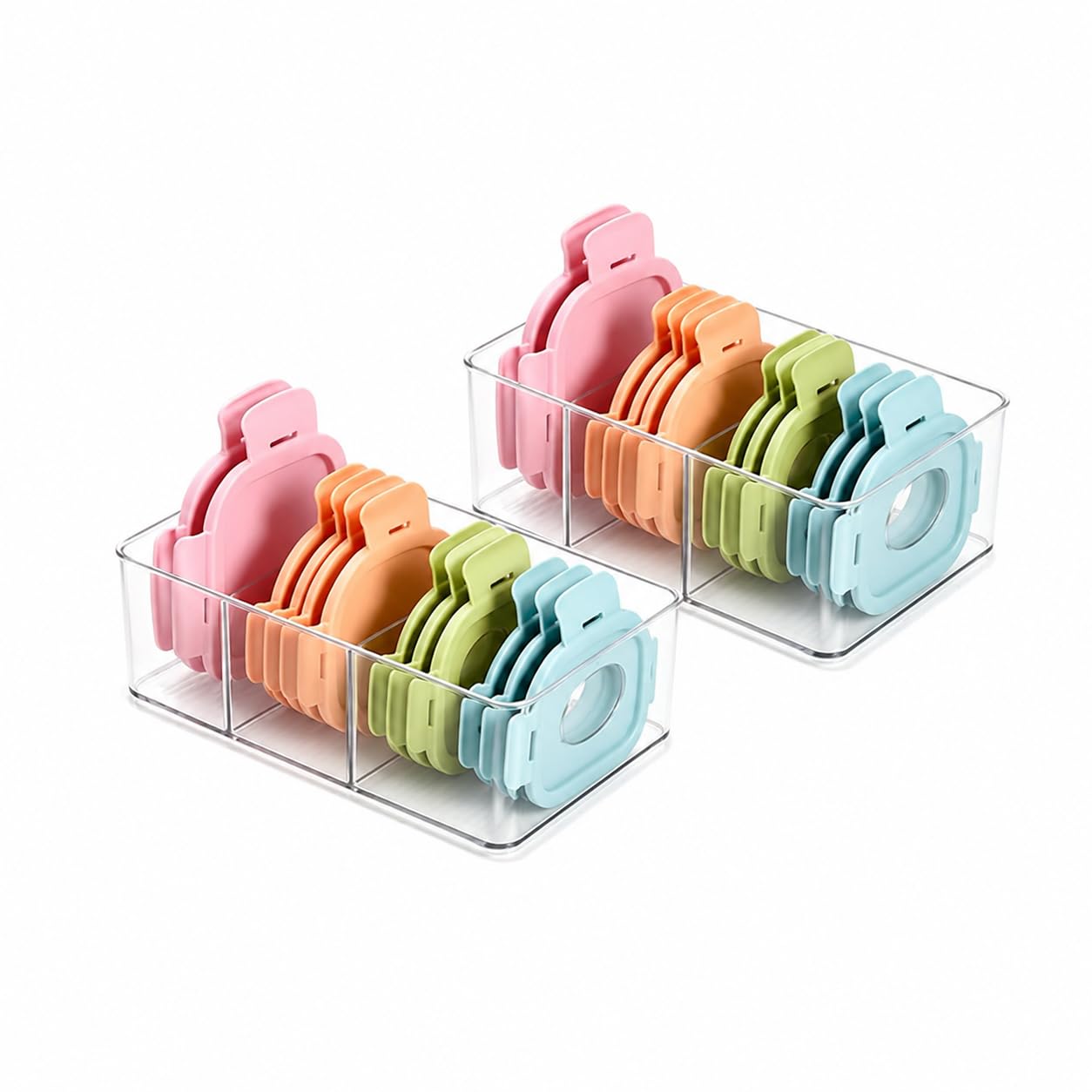 2 Pack Food Container Lid Organizer for Kitchen Cabinet, Clear Plastic Lid Holder with 4 Compartments, TwoSize Storage Bins for