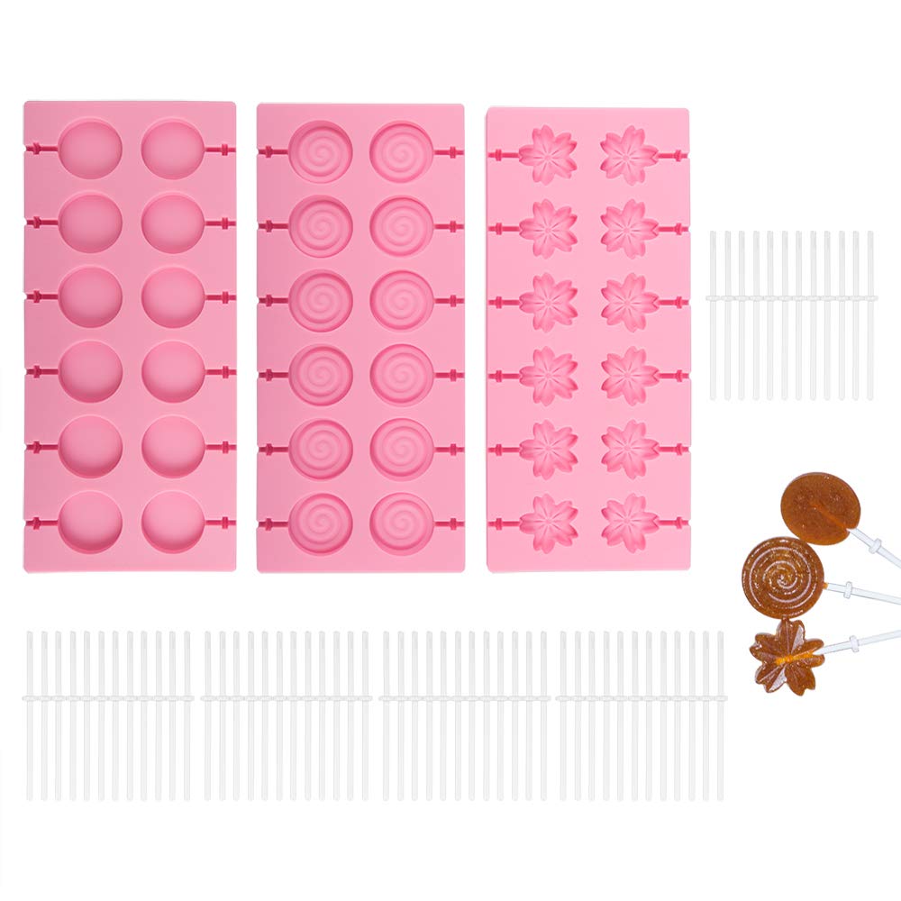 3 Pack Silicone Lollipop Molds,Sonku 12 Cavity Round Cherry Blossoms Swirl Chocolate Hard Candy Mold With 60 Pcs Sucker Sticks