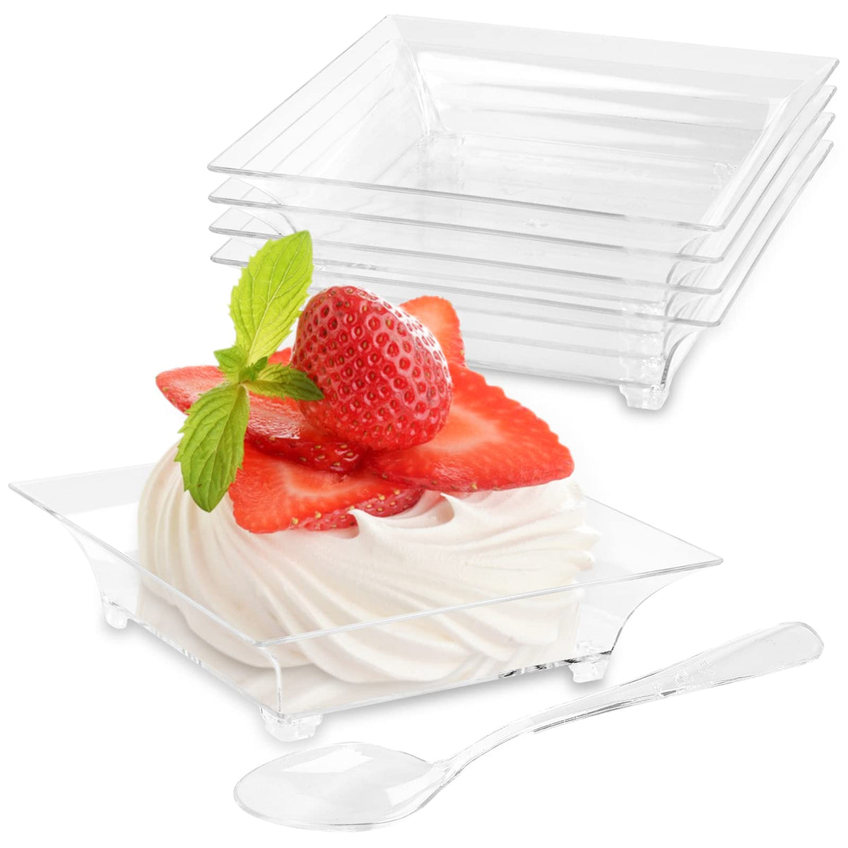 100 Pack 1 Oz Small Dessert Plates For Appetizers - Mini Plastic Plates With Spoons Reusable Square Appetizer Bowls Tiny Individ