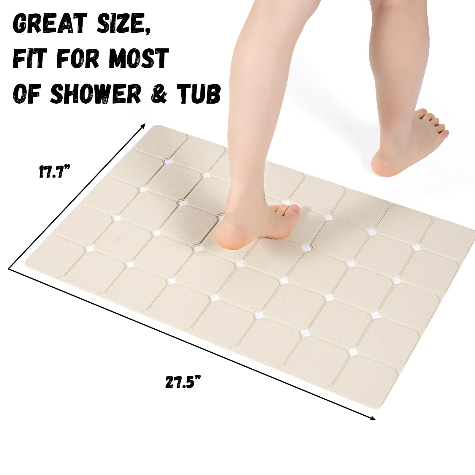 Kinbear Bath Mat For Textured Tub: Silicone Bathtub Mat Foldable Shower Mat Non Slip Tub Mat No Suction Cups 28 X 17.7Inch - Bei