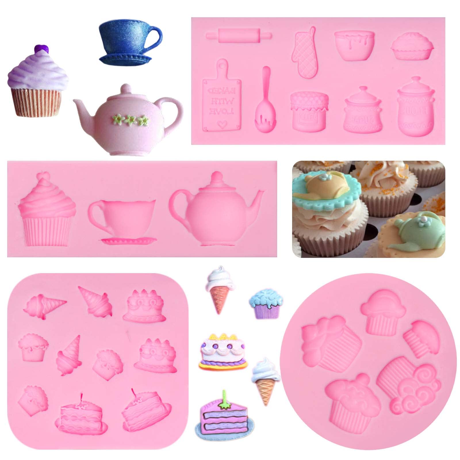 Cupcake Fondant Mold, 4 Packs Coffee Cup Silicone Molds For Tea Party Cake Decoration, Cupcake Toppers, Tea Cake Pan, Tea Pots F