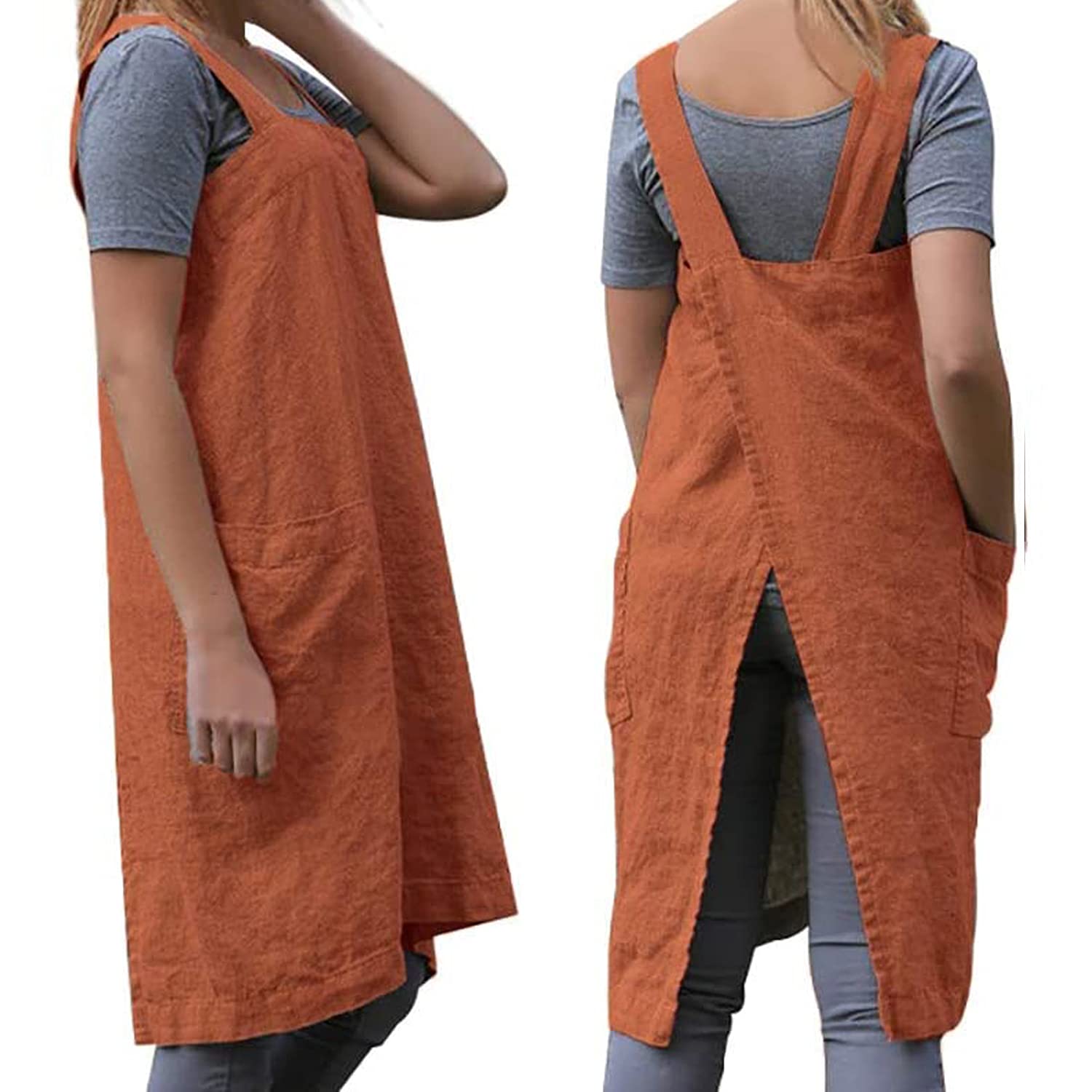 Women'S Cross Back Pinafore Apron With Large Pockets Home Kitchen, Restaurant, Coffee House,Cooking Gardening Works Orange-2Xl