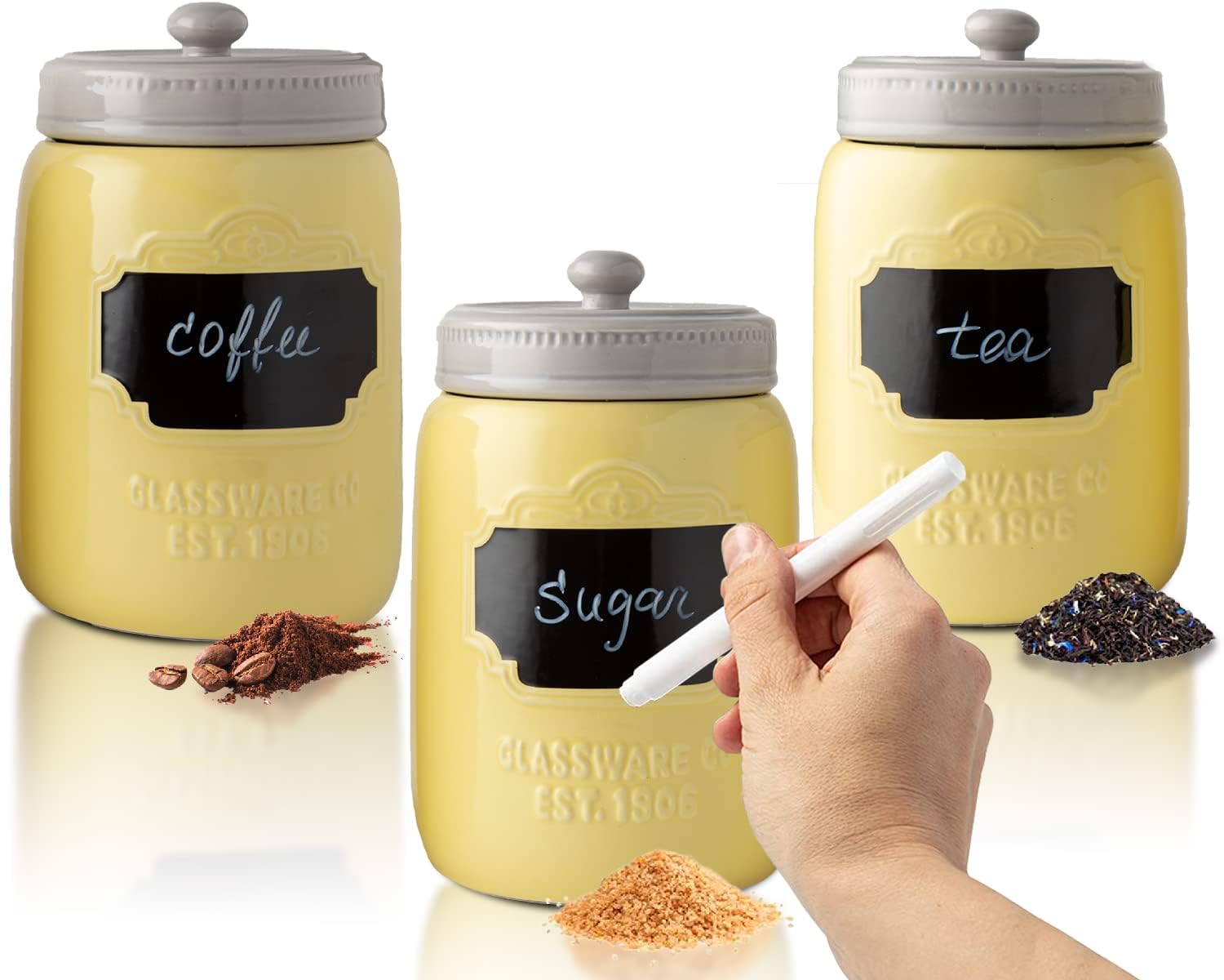 Comfify Mason Jar Ceramic Canister Set for Kitchen - Set of 3 Decorative Storage Containers with Air-Tight Lids for Coffee, Suga