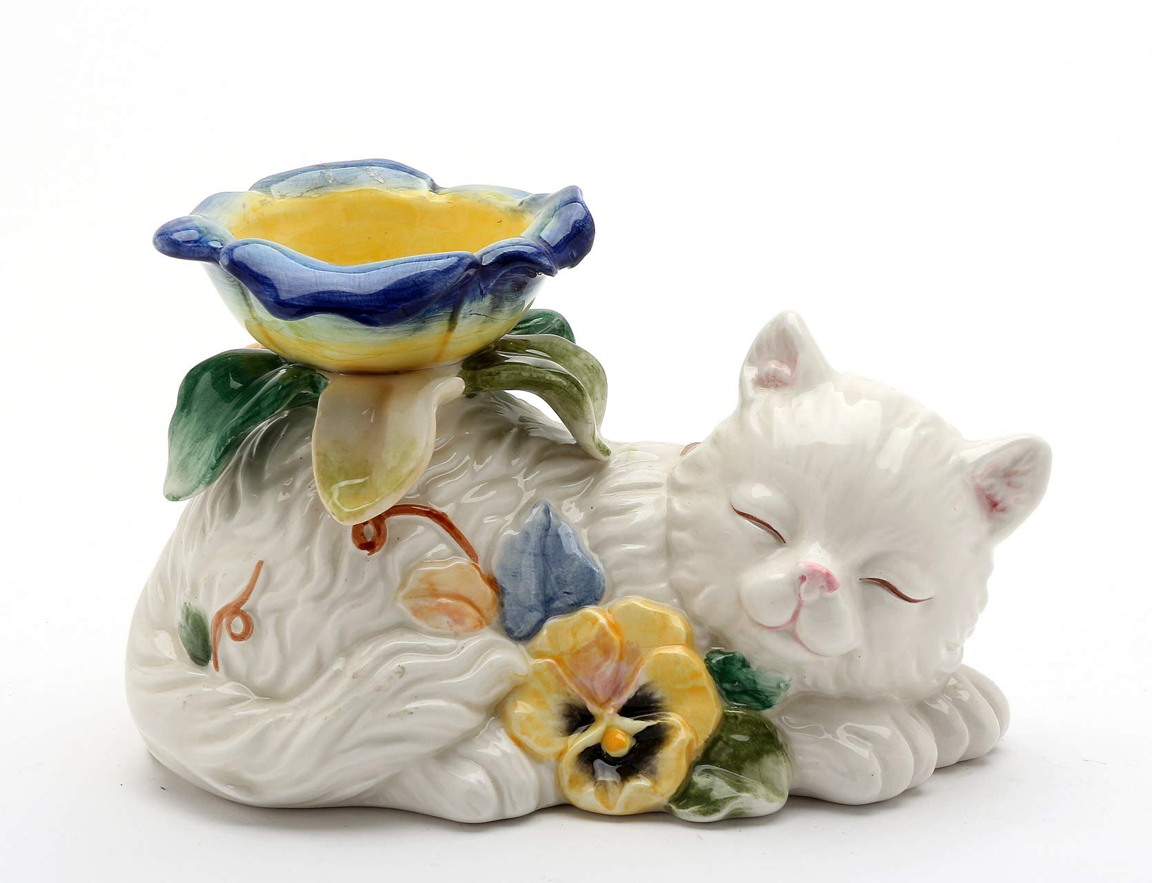 Fine Ceramic Pansy Cat with Pansy Flowers Design Tea Light Candle Holder, 5 L