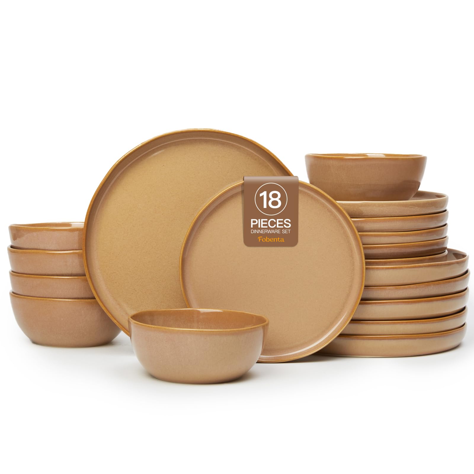 FOBENTA 18 Piece Rustic Taupe Plates and Bowls Set,Earthy Ceramic Dinnerware Sets for 6 - Handcrafted Dish Set for Inviting Dini