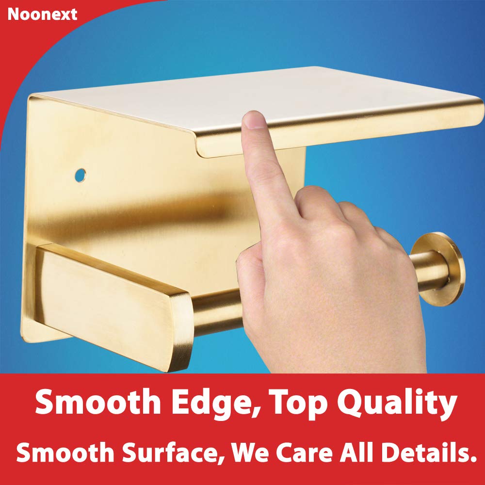Adhesive Toilet Paper Holder with Shelf  SUS304 Stainless Steel Toilet Paper Roll Holder  Brushed Gold  No Drilling or Wall-Mounted with Screws