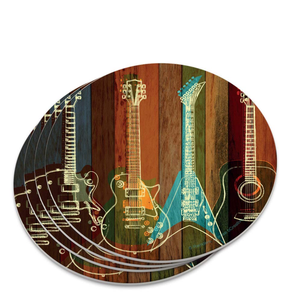 Guitars Electric Acoustic Rock And Roll Wood Paneling Novelty Coaster Set