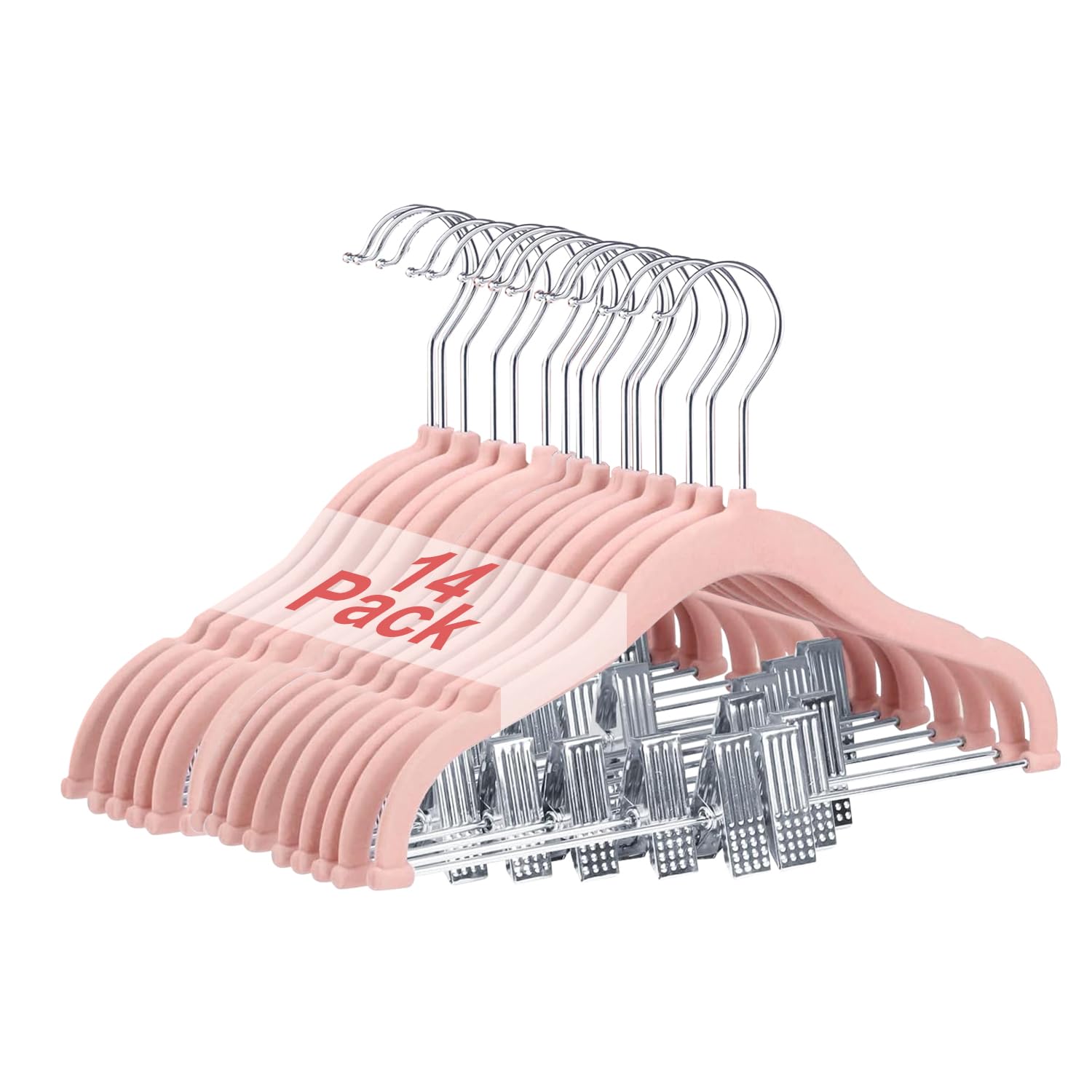 Wellong Baby Clothes Hangers With Clips, 14 Packs Kids Velvet Clothes Hangers, Heavy-Duty Childrens Hangers, Storage Organizer C