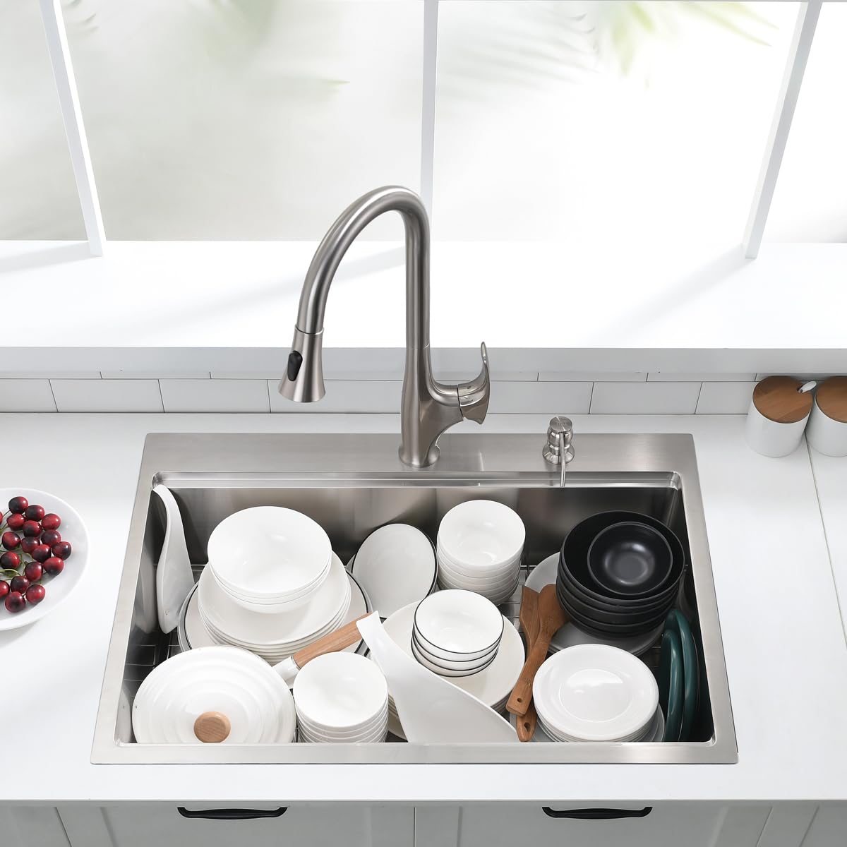 33-Inch Drop in Workstation Kitchen Sink - VOKIM 33 x22Inch Single Bowl Topmount 16 Gauge Stainless Steel 10'' Deep Handmade Kitchen Sink with Cutting Board& Strainer